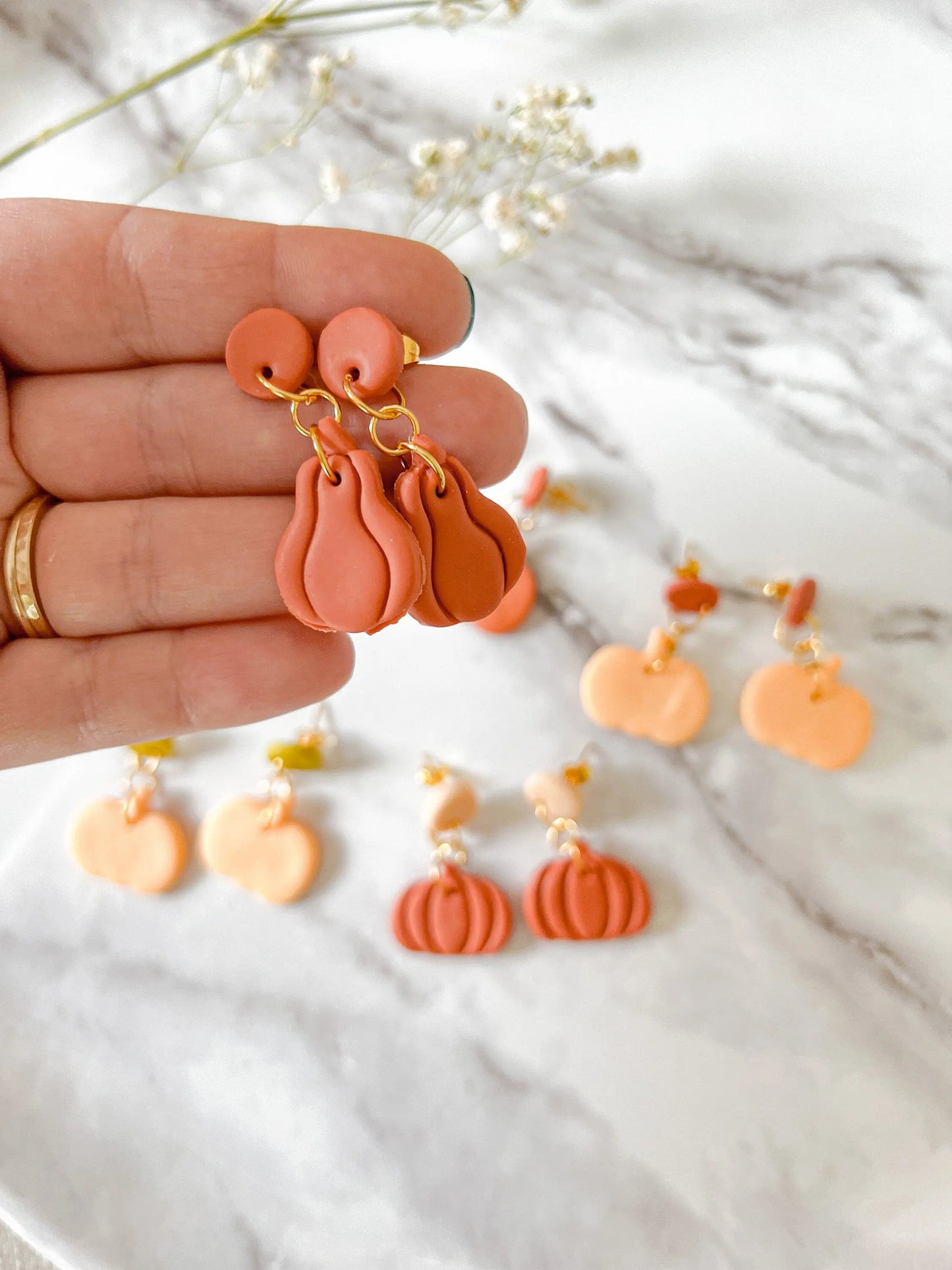 Fall Pumpkin Earrings, Circle Drop Dangle Studs, Polymer Clay Jewelry, Pumpkins and Gourds, 1 Pair