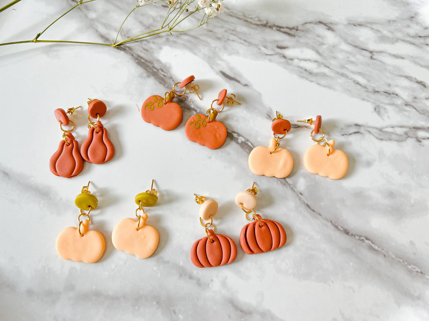 Fall Pumpkin Earrings, Circle Drop Dangle Studs, Polymer Clay Jewelry, Pumpkins and Gourds, 1 Pair