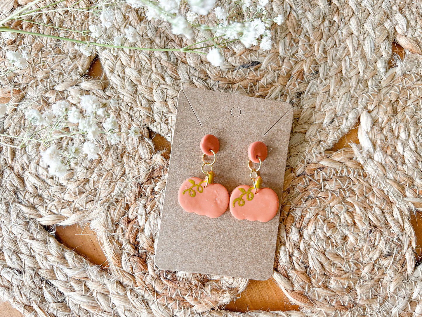 Fall Pumpkin Earrings, Circle Drop Dangle Studs, Polymer Clay Jewelry, Pumpkins and Gourds, 1 Pair