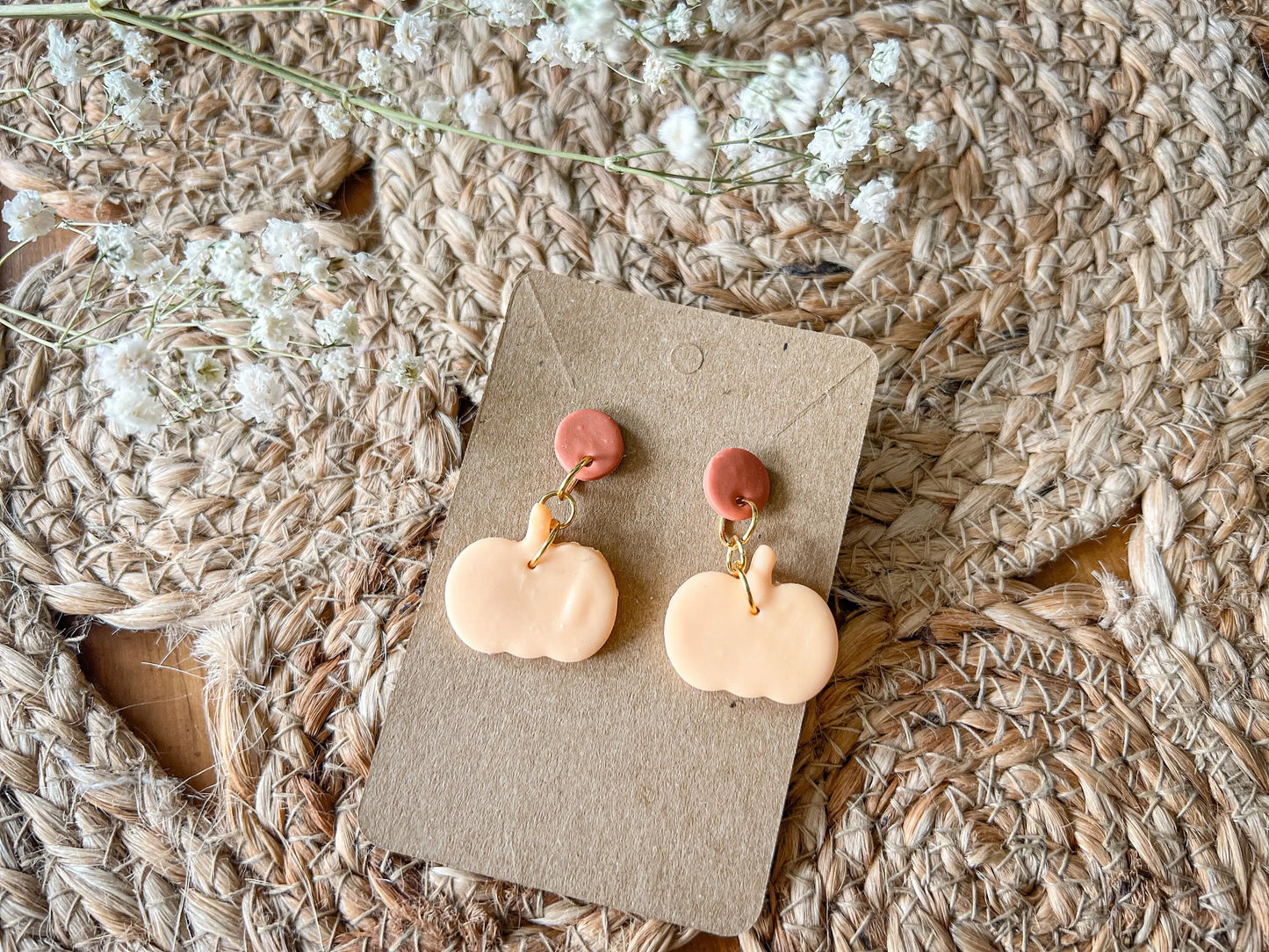 Fall Pumpkin Earrings, Circle Drop Dangle Studs, Polymer Clay Jewelry, Pumpkins and Gourds, 1 Pair