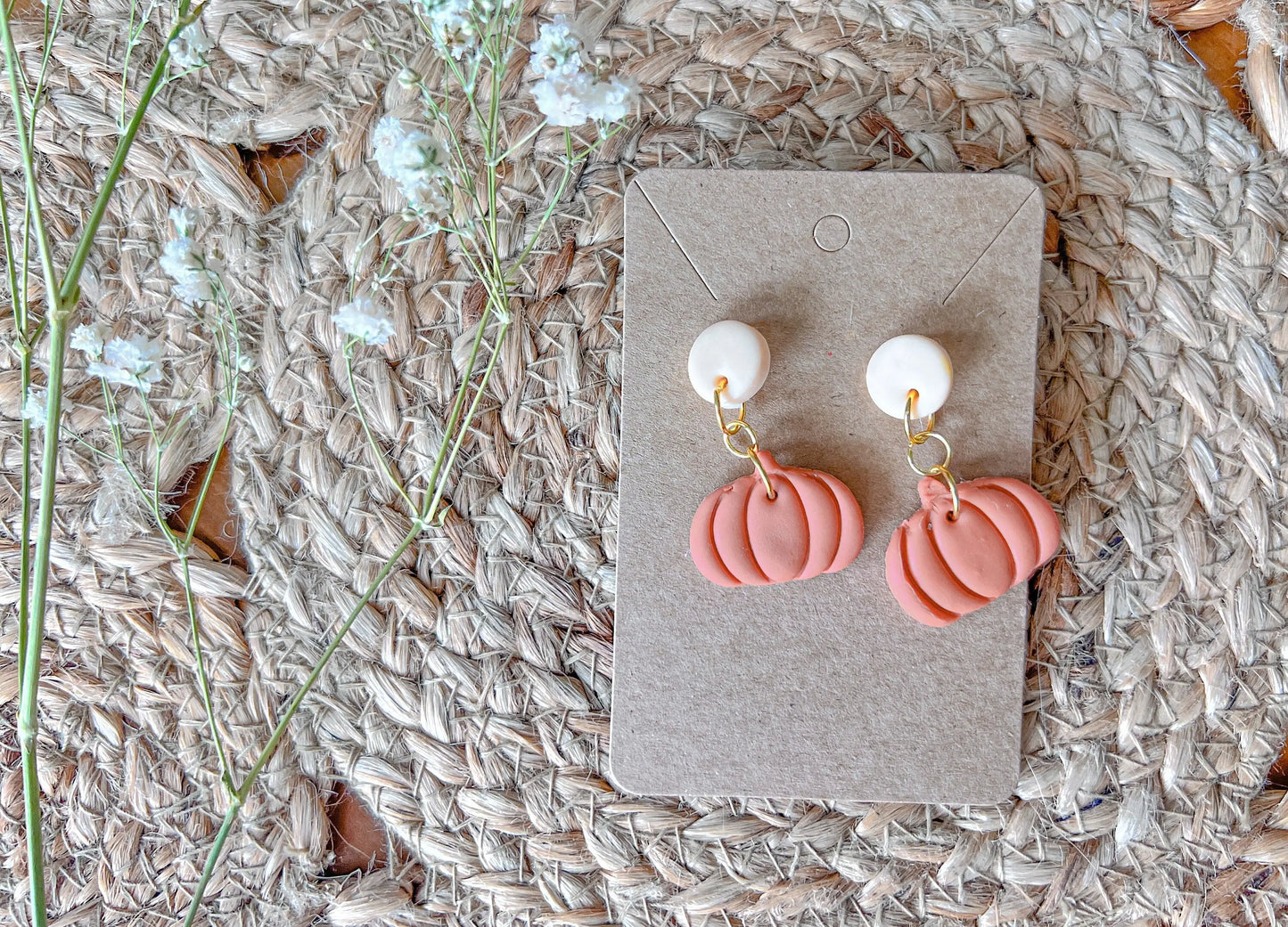 Fall Pumpkin Earrings, Circle Drop Dangle Studs, Polymer Clay Jewelry, Pumpkins and Gourds, 1 Pair