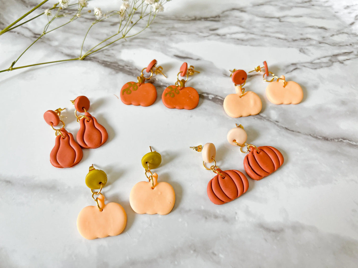 Fall Pumpkin Earrings, Circle Drop Dangle Studs, Polymer Clay Jewelry, Pumpkins and Gourds, 1 Pair