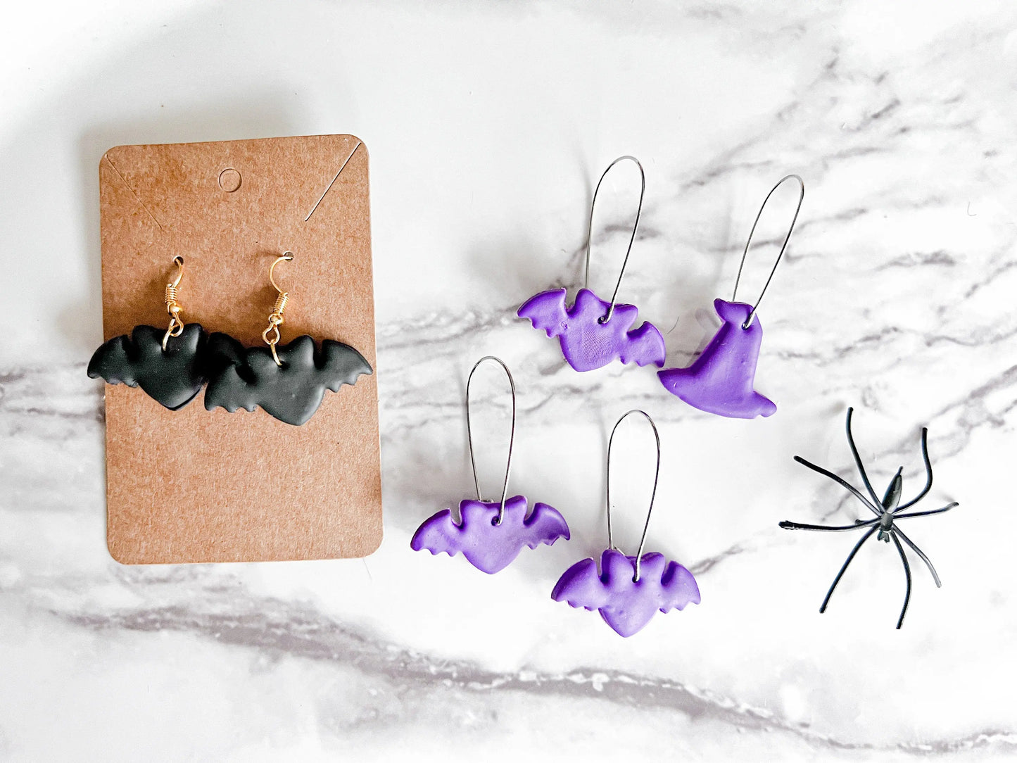 Halloween Earrings, Black Cats Dangles, Bat Earrings, Witch Hat Earrings, Fall Clay Dangle Earrings, Polymer Clay Jewelry, Lightweight, Gift
