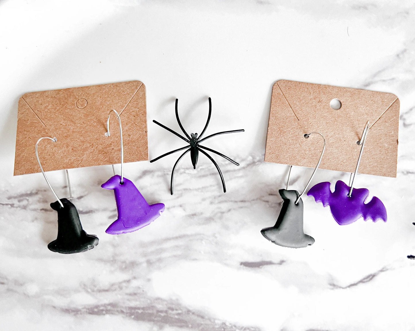 Halloween Earrings, Black Cats Dangles, Bat Earrings, Witch Hat Earrings, Fall Clay Dangle Earrings, Polymer Clay Jewelry, Lightweight, Gift