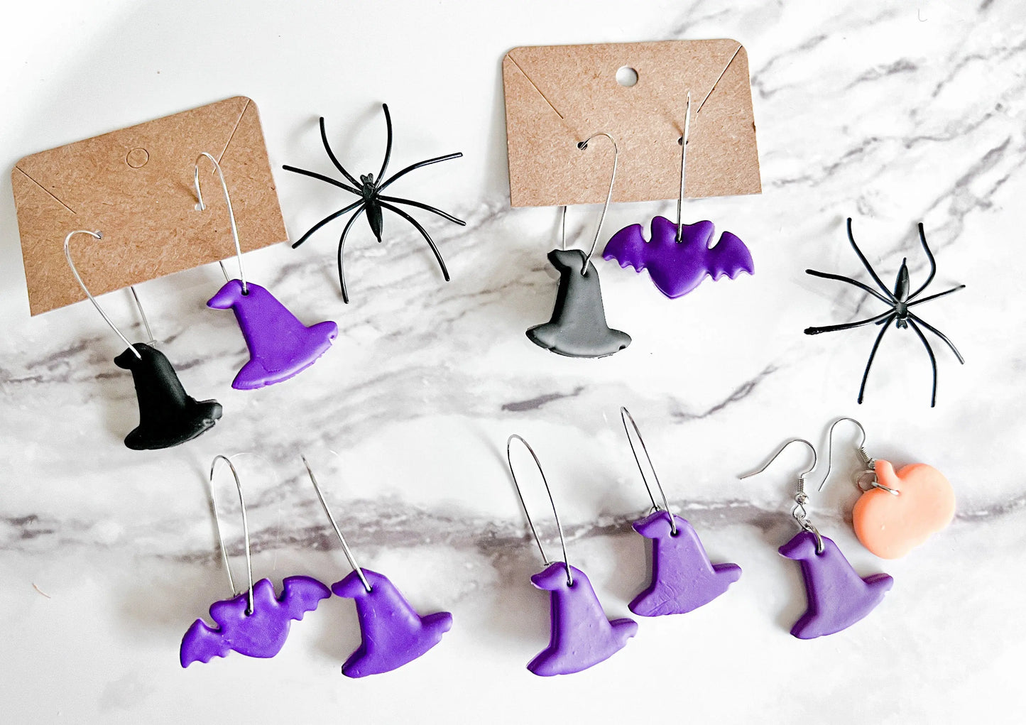 Halloween Earrings, Black Cats Dangles, Bat Earrings, Witch Hat Earrings, Fall Clay Dangle Earrings, Polymer Clay Jewelry, Lightweight, Gift