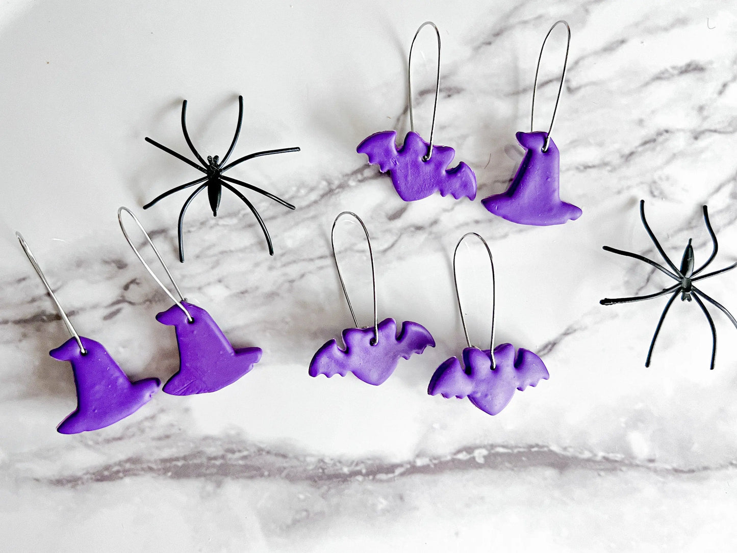 Halloween Earrings, Black Cats Dangles, Bat Earrings, Witch Hat Earrings, Fall Clay Dangle Earrings, Polymer Clay Jewelry, Lightweight, Gift
