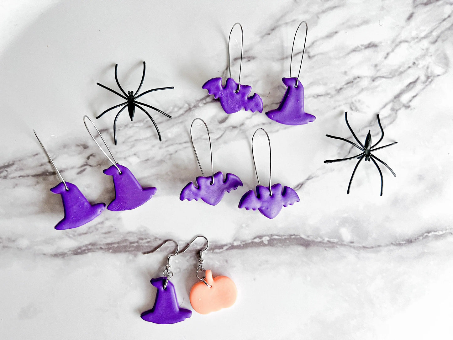 Halloween Earrings, Black Cats Dangles, Bat Earrings, Witch Hat Earrings, Fall Clay Dangle Earrings, Polymer Clay Jewelry, Lightweight, Gift