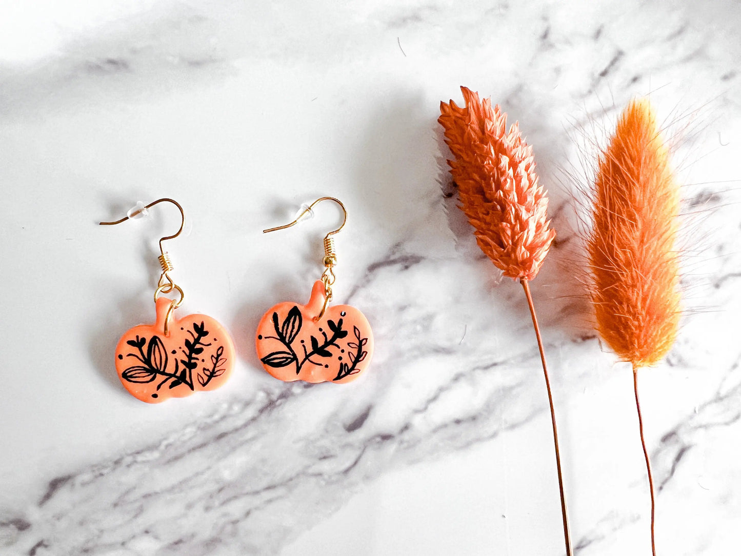 Hand Painted Pumpkin Earrings, Fall Dangle Earrings, Polymer Clay, 1 Pair