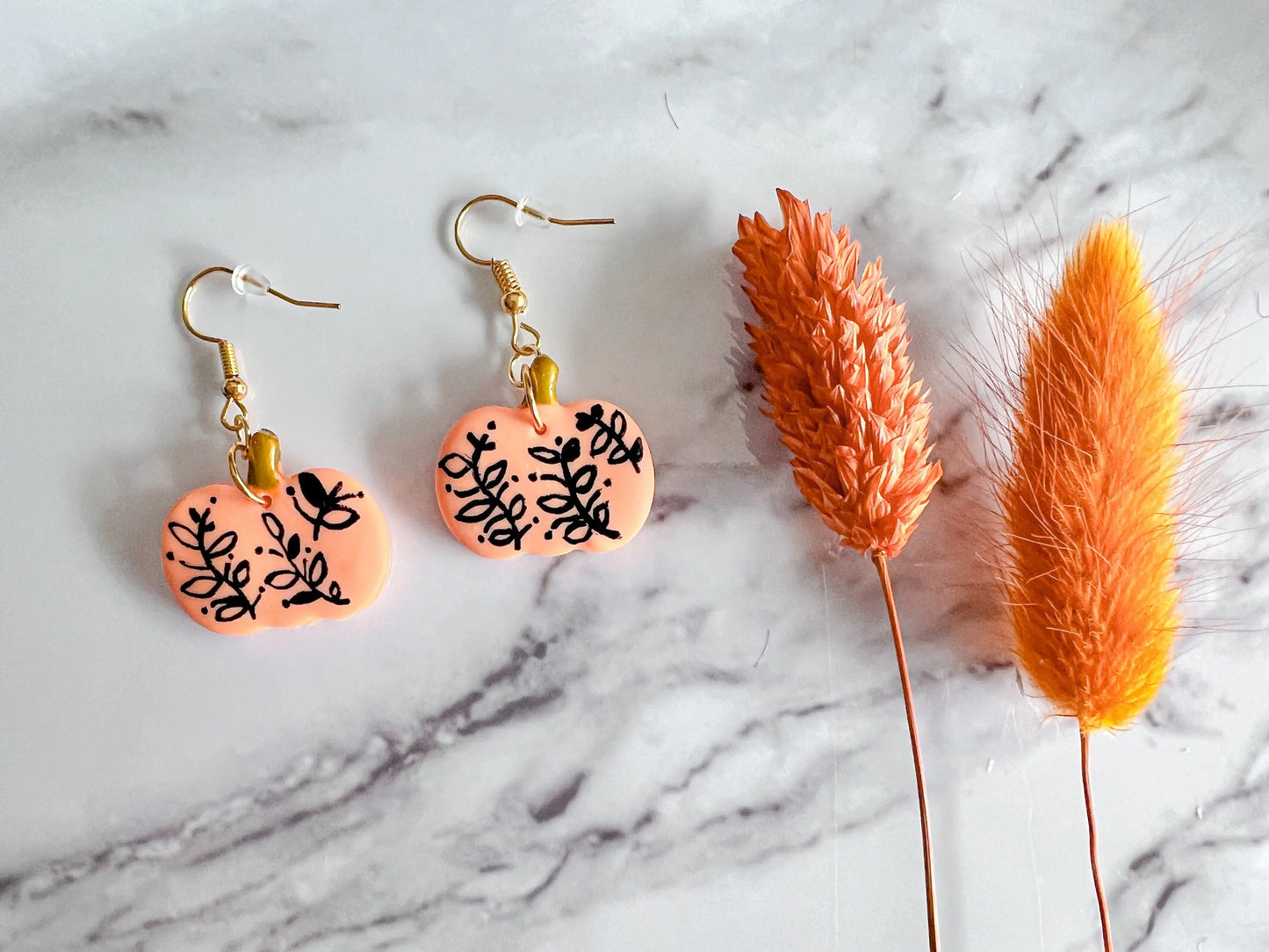 Hand Painted Pumpkin Earrings, Fall Dangle Earrings, Polymer Clay, 1 Pair