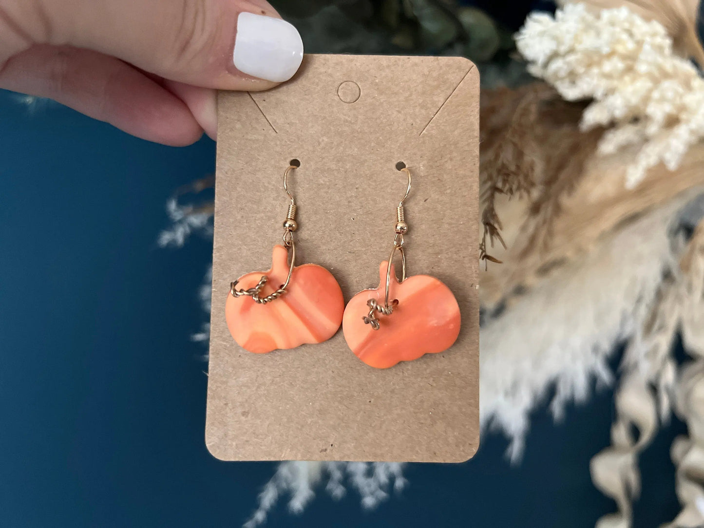 Twisted Metal Vine Pumpkin Earrings, Fall Dangle Earrings, Polymer Clay, 1 Pair