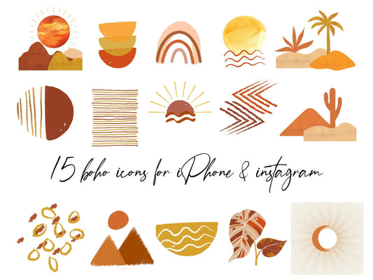 Boho Icons, Icons for Social, Instagram, iPhone iOS, Terracotta Icons, Rust Highlight Story Covers, Tropical, Sun, Rainbow, Beach Icons