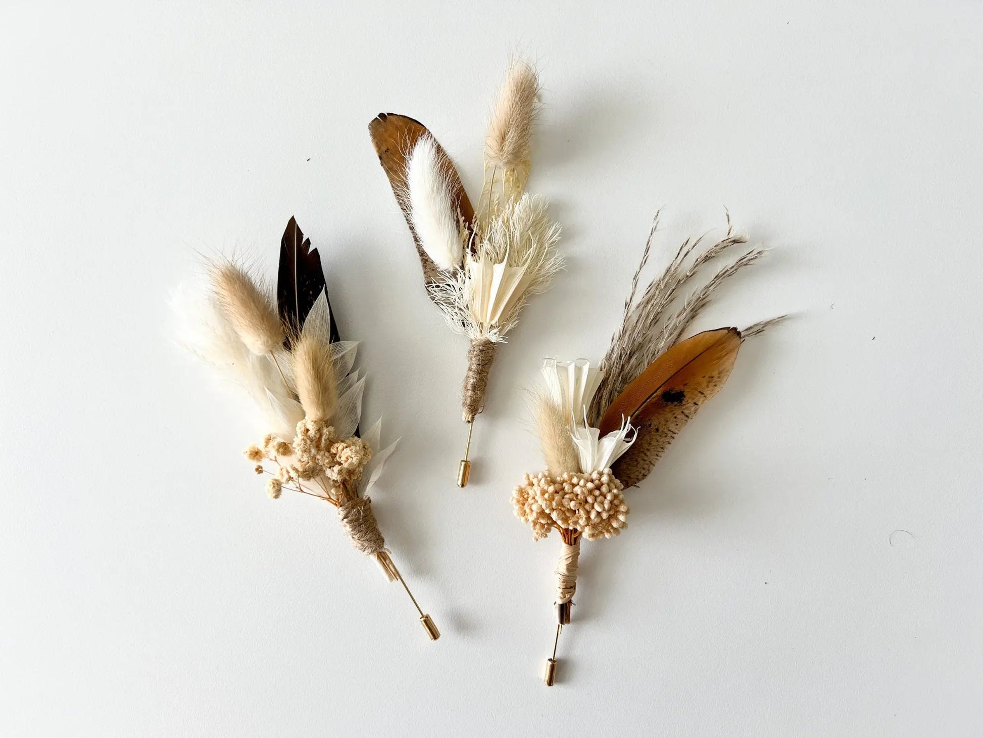 Boho Wedding Boutonnieres, Neutral Dried Flower Boutonniere, Boho Fall Wedding Flowers, Boutonniere Set, Pheasant Feather, Choose Your Style