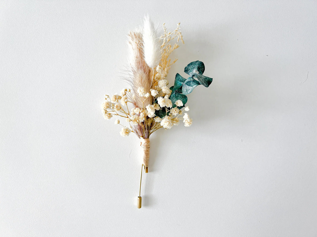 Whimsy Boutineer Boutonniere - Eucalyptus - Withered Whimsy