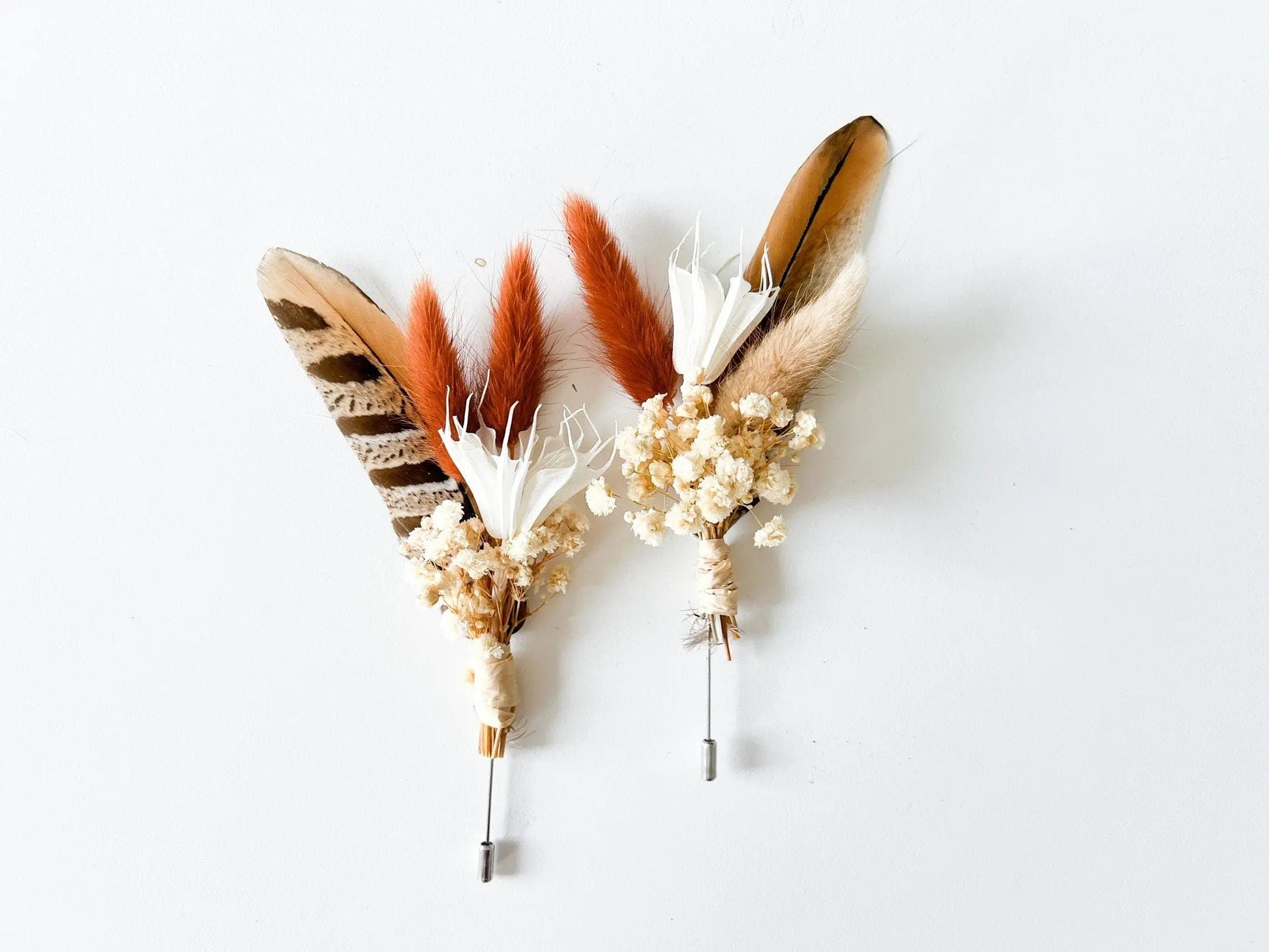 Rust Boutonnière, Fall Boho Wedding, Terracotta Dried Wedding Flowers, Pheasant Feather, Bunny Tails, Baby's Breath