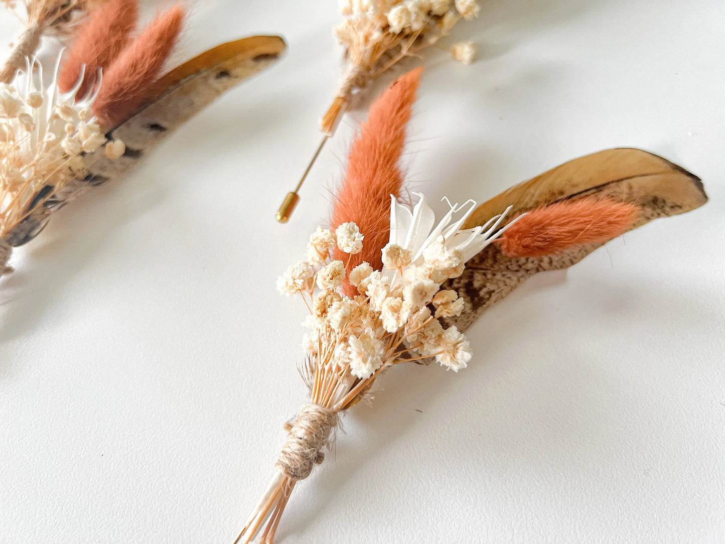 Rust Boutonnière, Fall Boho Wedding, Terracotta Dried Wedding Flowers, Pheasant Feather, Bunny Tails, Baby's Breath