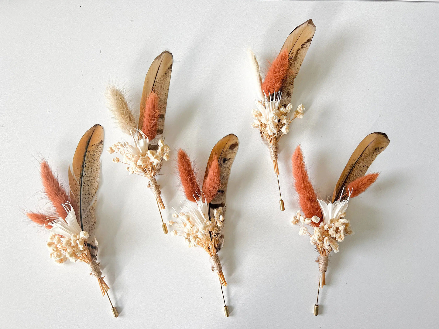 Rust Boutonnière, Fall Boho Wedding, Terracotta Dried Wedding Flowers, Pheasant Feather, Bunny Tails, Baby's Breath