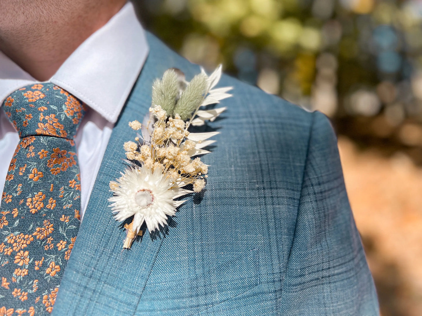 Sage Green Boutonnière, Boho Wedding Dried Flowers, Ruscus, Baby's Breath, Bunny Tails, Strawflower, Pheasant Feather