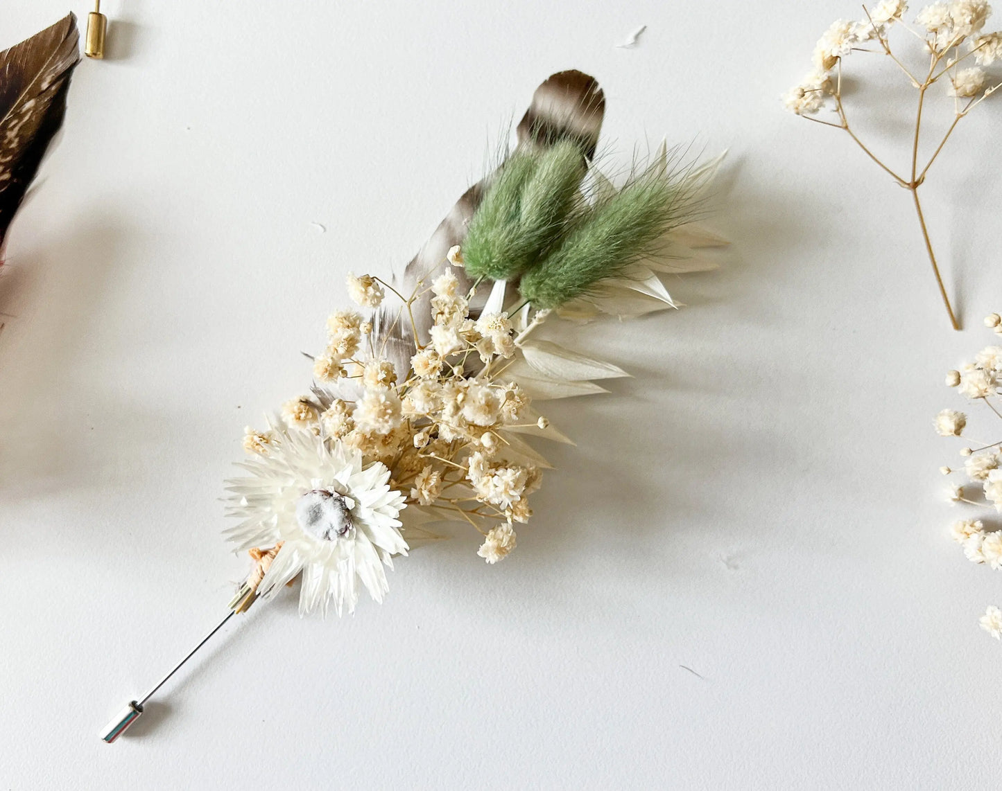 Sage Green Boutonnière, Boho Wedding Dried Flowers, Ruscus, Baby's Breath, Bunny Tails, Strawflower, Pheasant Feather