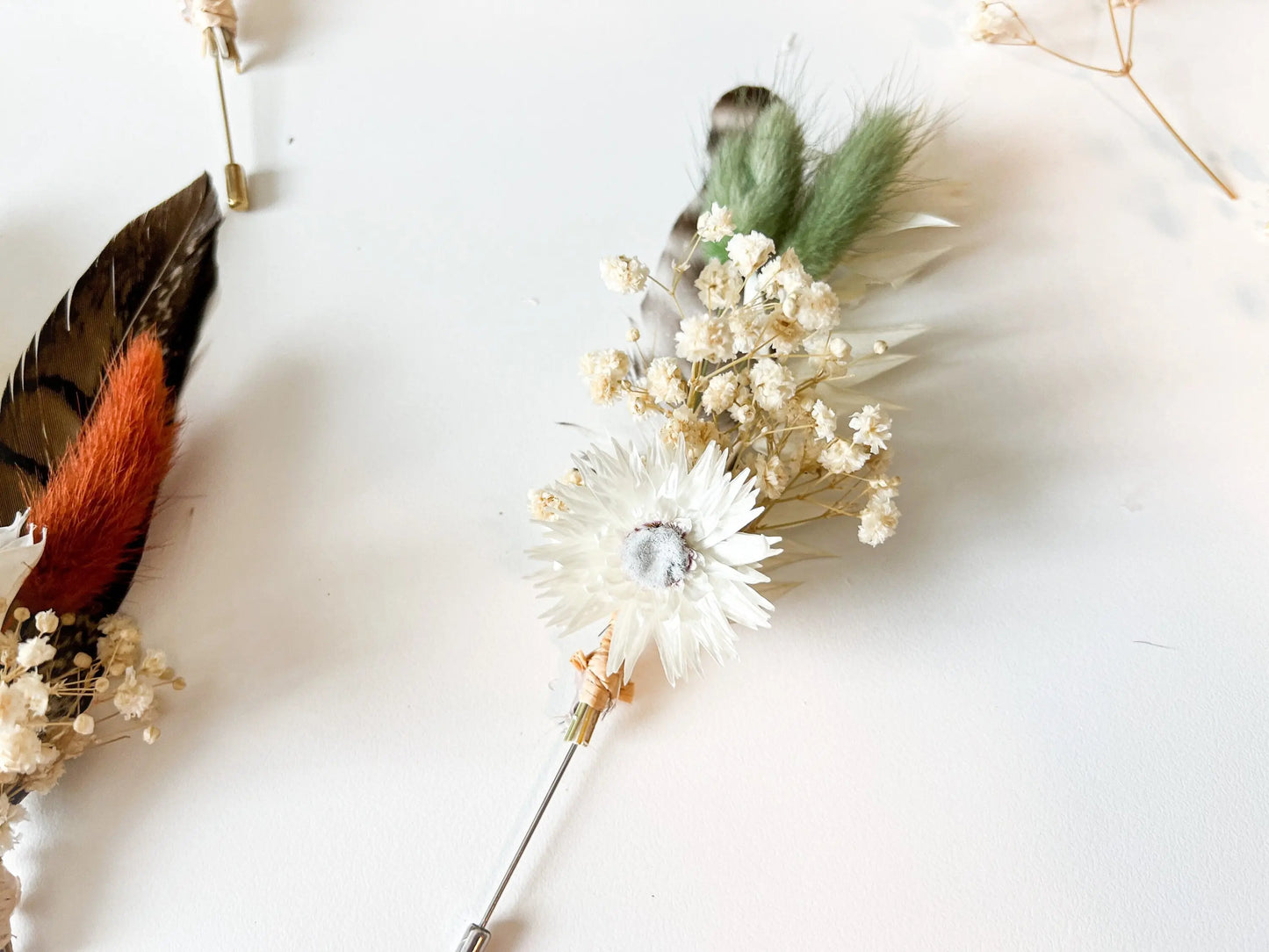 Sage Green Boutonnière, Boho Wedding Dried Flowers, Ruscus, Baby's Breath, Bunny Tails, Strawflower, Pheasant Feather