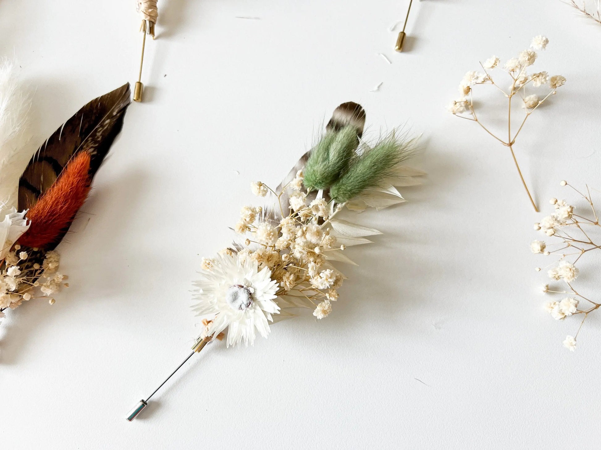 Sage Green Boutonnière, Boho Wedding Dried Flowers, Ruscus, Baby's Breath, Bunny Tails, Strawflower, Pheasant Feather