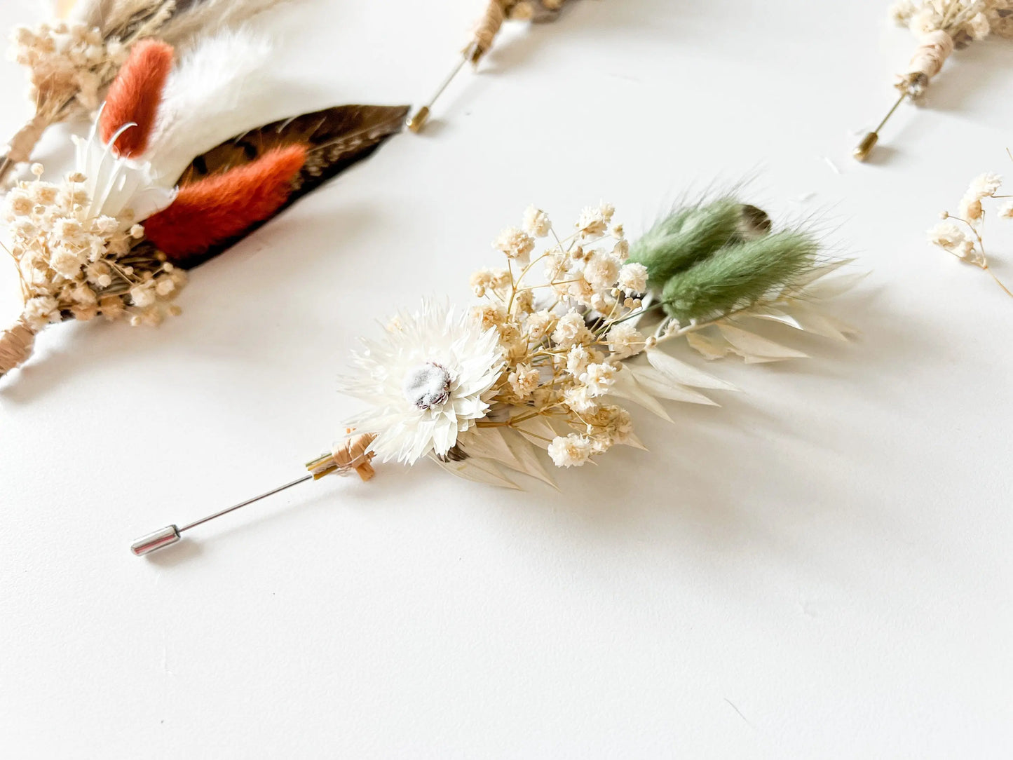 Sage Green Boutonnière, Boho Wedding Dried Flowers, Ruscus, Baby's Breath, Bunny Tails, Strawflower, Pheasant Feather