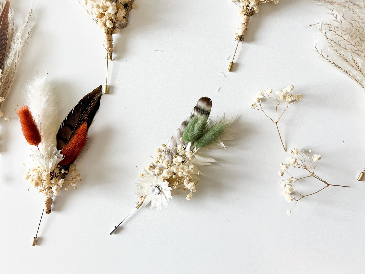 Sage Green Boutonnière, Boho Wedding Dried Flowers, Ruscus, Baby's Breath, Bunny Tails, Strawflower, Pheasant Feather