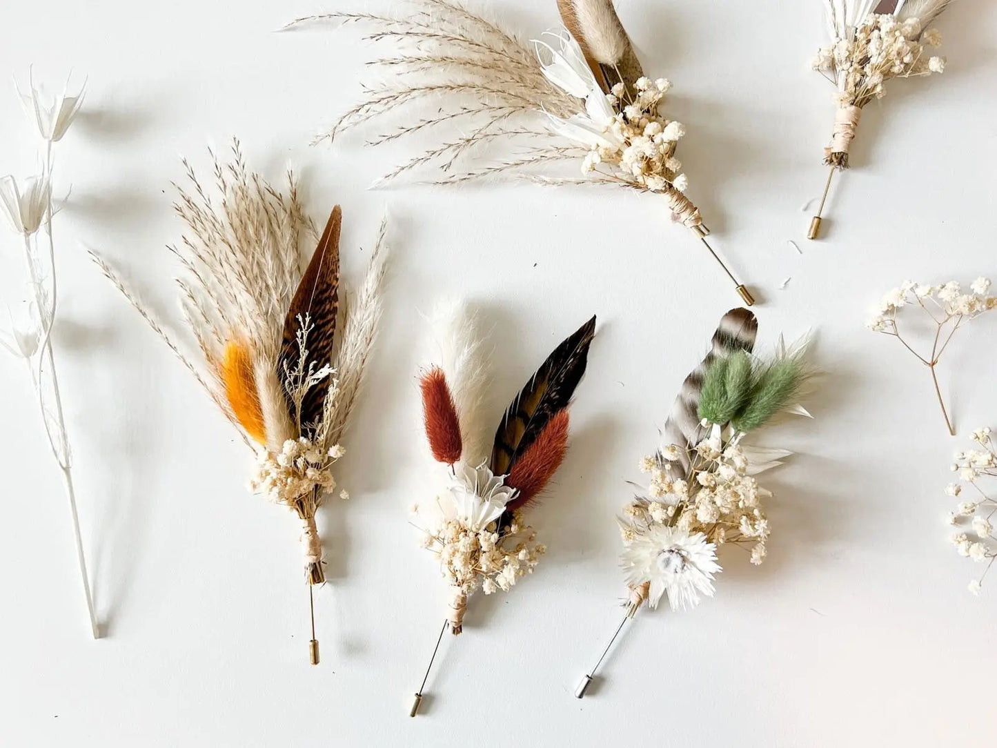 Sage Green Boutonnière, Boho Wedding Dried Flowers, Ruscus, Baby's Breath, Bunny Tails, Strawflower, Pheasant Feather