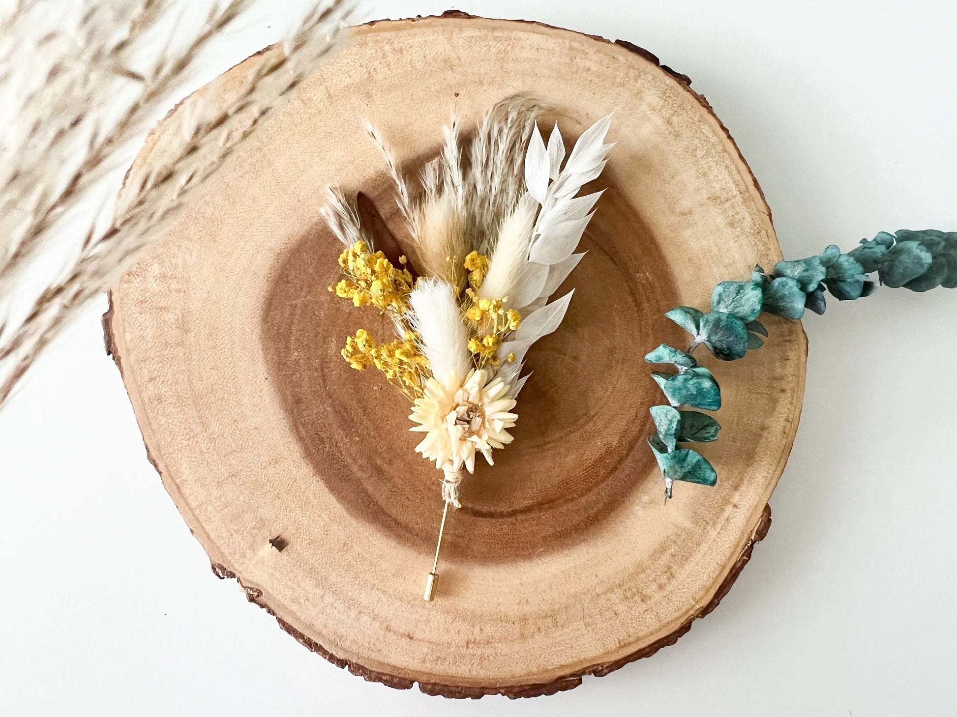 Wedding Boho Boutonniere, Yellow, Neutral, Dried Flowers, Pampas Grass, Strawflower, One of a kind, Groom