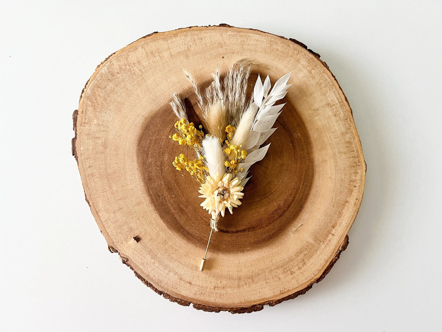 Wedding Boho Boutonniere, Yellow, Neutral, Dried Flowers, Pampas Grass, Strawflower, One of a kind, Groom