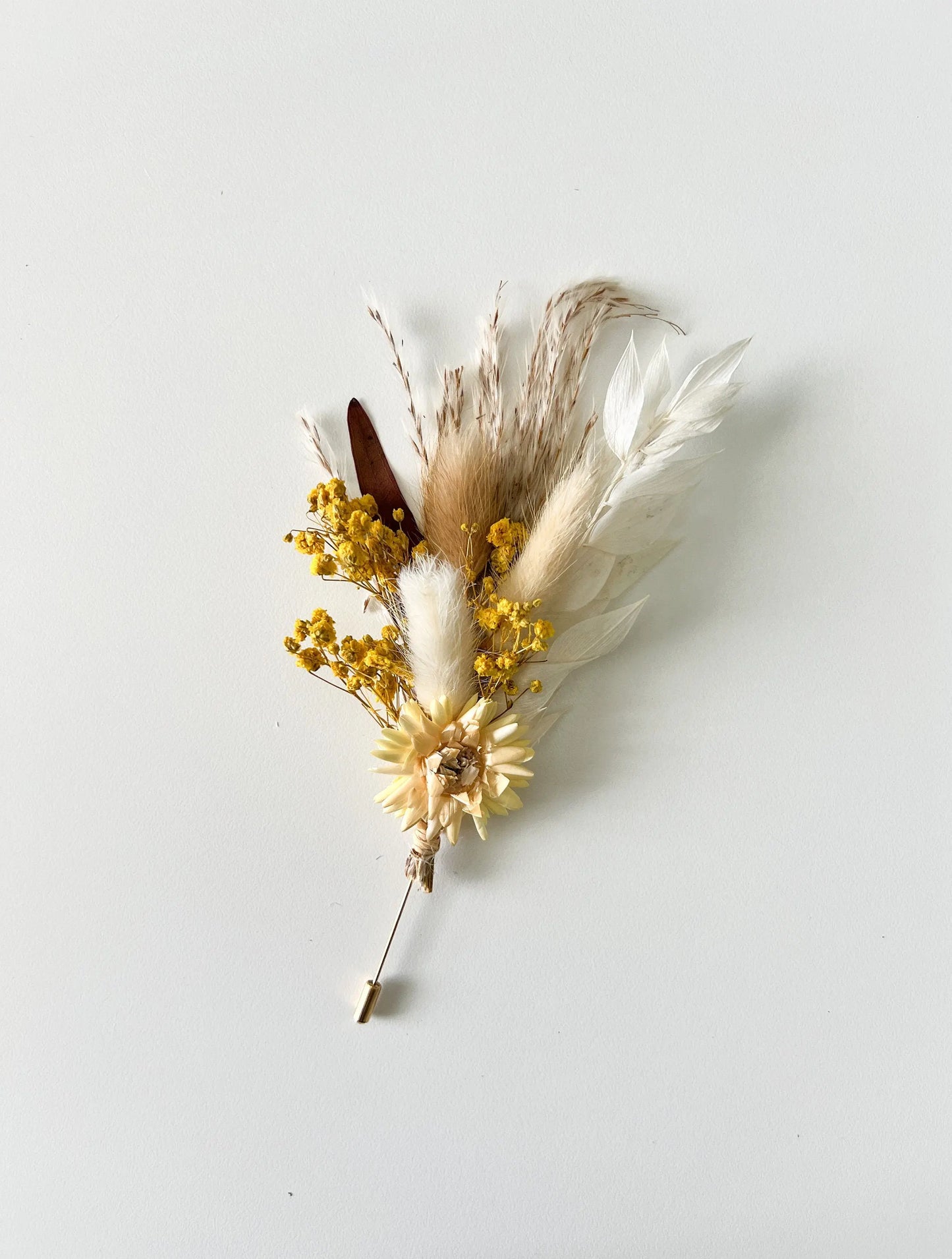 Wedding Boho Boutonniere, Yellow, Neutral, Dried Flowers, Pampas Grass, Strawflower, One of a kind, Groom