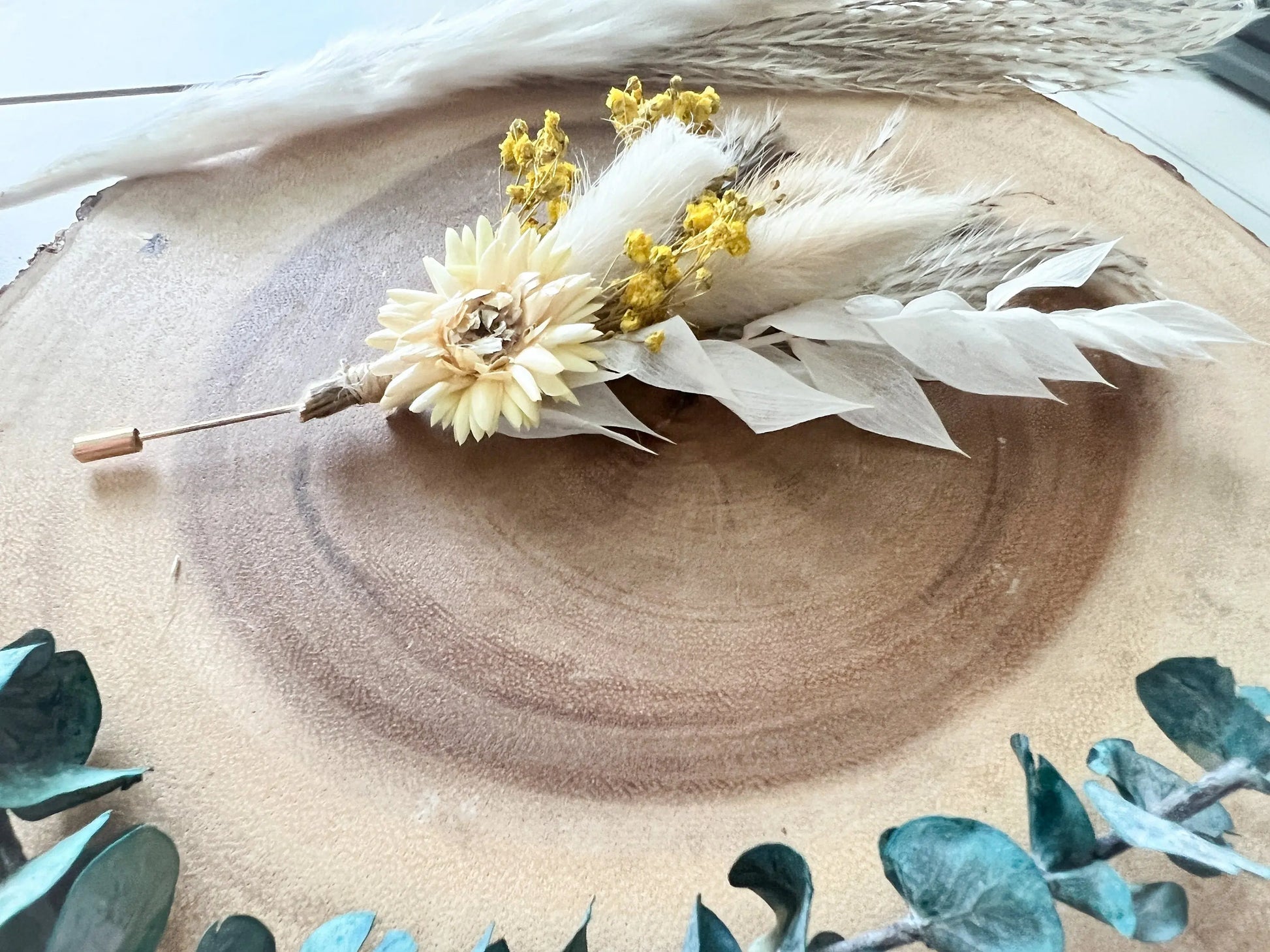 Wedding Boho Boutonniere, Yellow, Neutral, Dried Flowers, Pampas Grass, Strawflower, One of a kind, Groom