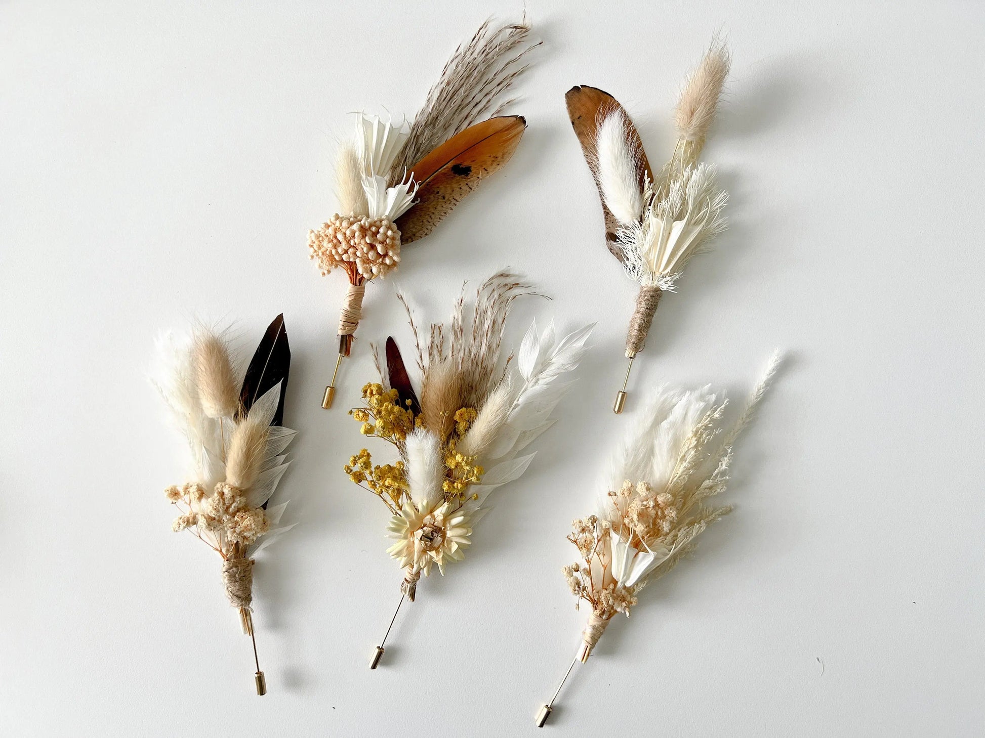 Wedding Boho Boutonniere, Yellow, Neutral, Dried Flowers, Pampas Grass, Strawflower, One of a kind, Groom