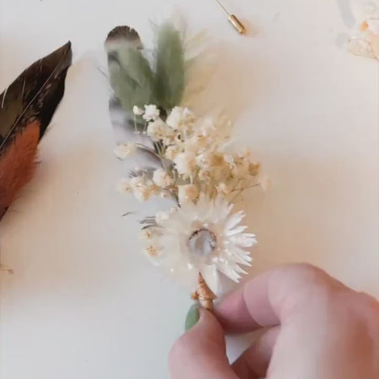 Sage Green Boutonnière, Boho Wedding Dried Flowers, Ruscus, Baby's Breath, Bunny Tails, Strawflower, Pheasant Feather