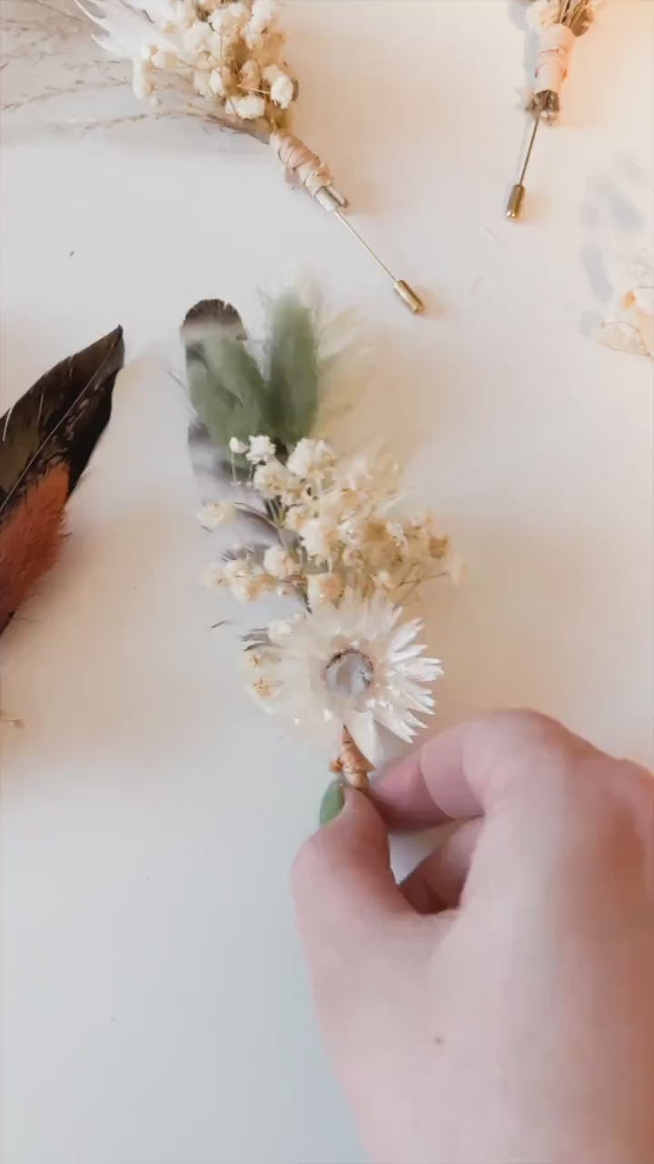 Sage Green Boutonnière, Boho Wedding Dried Flowers, Ruscus, Baby's Breath, Bunny Tails, Strawflower, Pheasant Feather