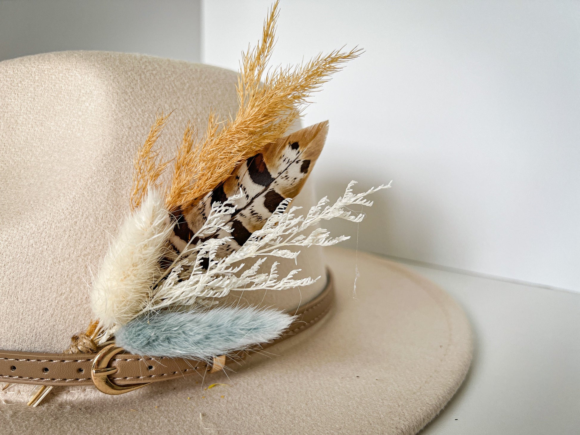 Hat feathers, feathers for hat, dried flowers and feather accent, feathers for fedora, cowboy hat, or floppy hat - BLUE AND GOLD