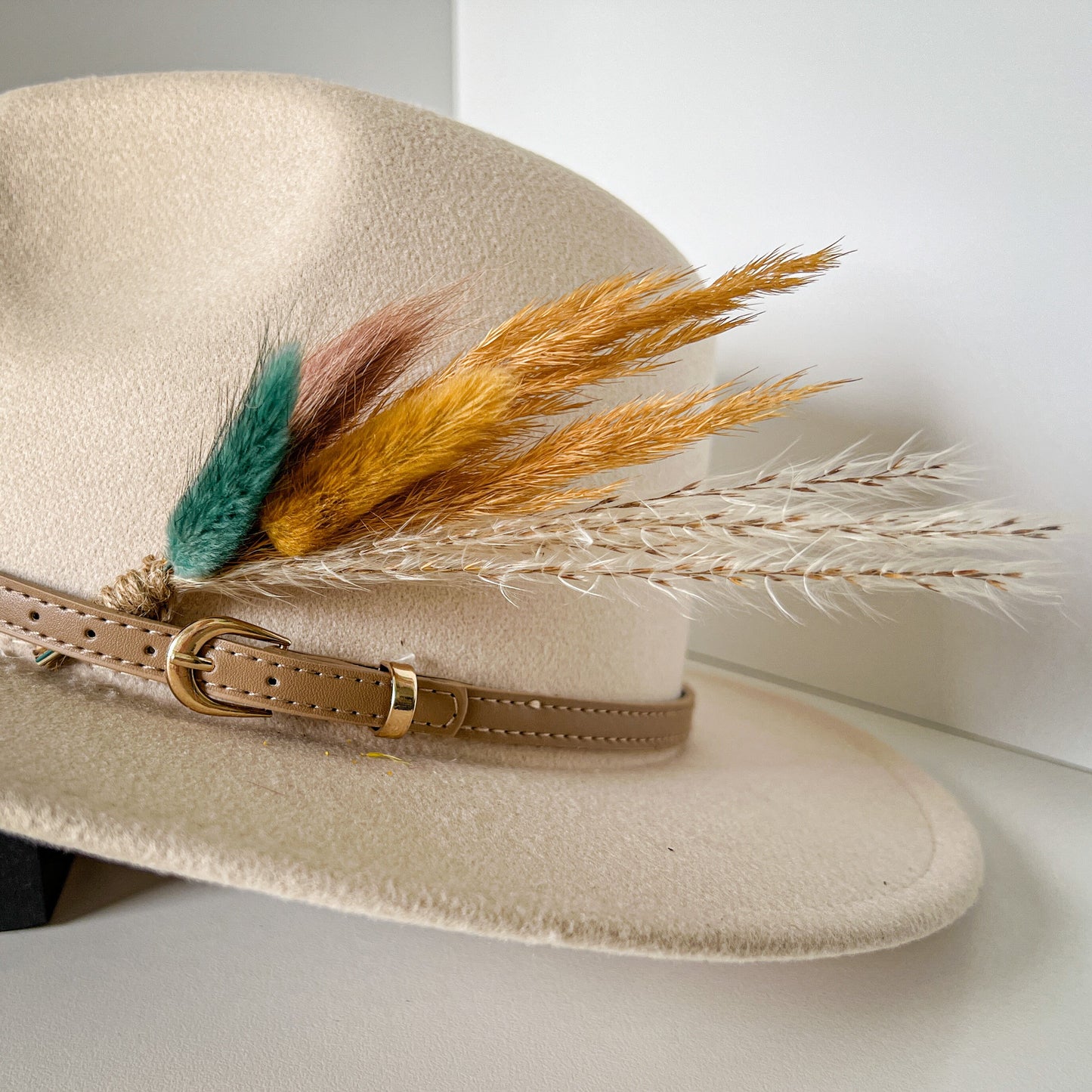 Hat feathers, feathers for hat, dried flowers and feather accent, feathers for fedora, cowboy hat, or floppy hat - BOHO TEAL & GOLD