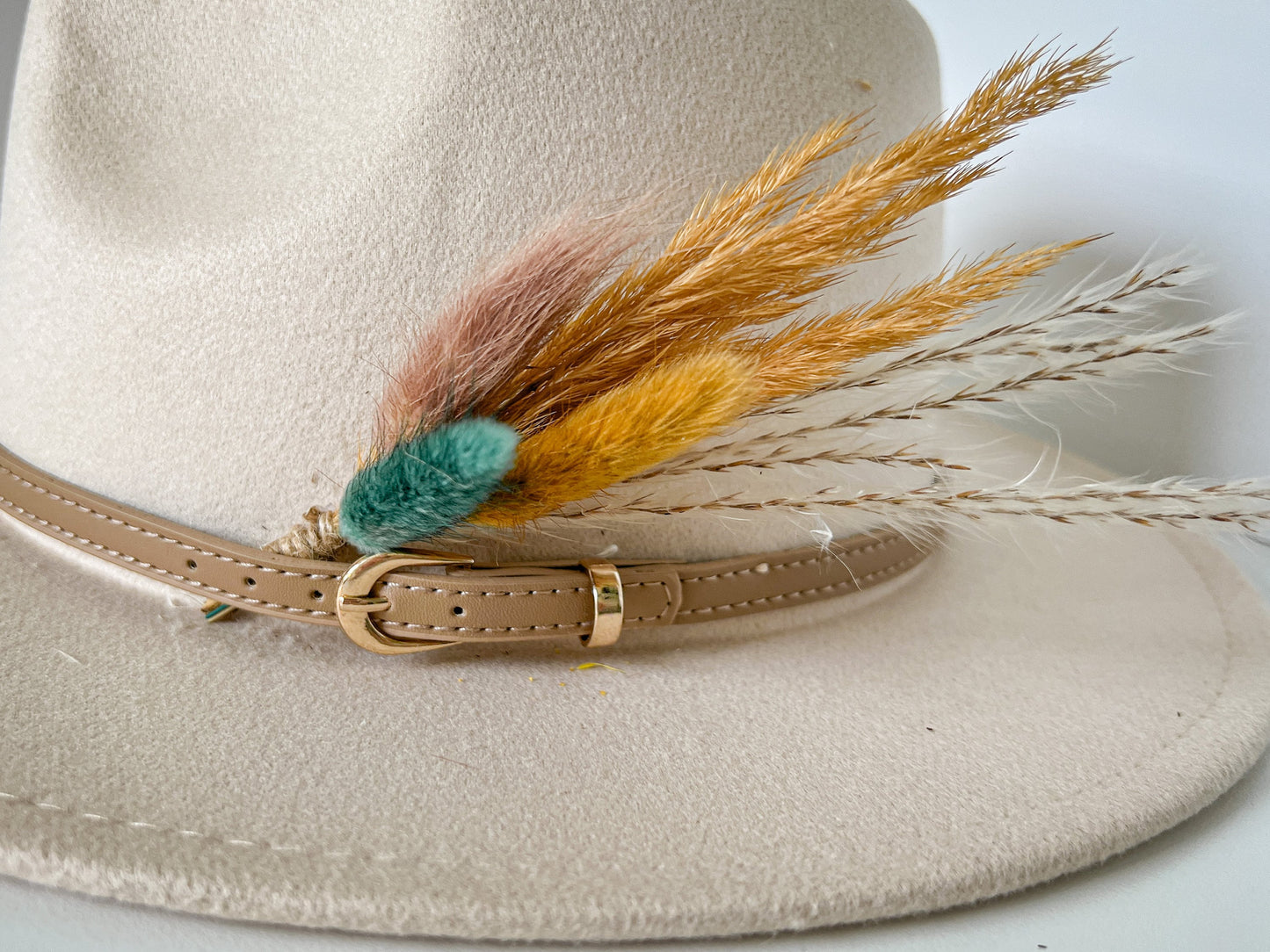 Hat feathers, feathers for hat, dried flowers and feather accent, feathers for fedora, cowboy hat, or floppy hat - BOHO TEAL & GOLD