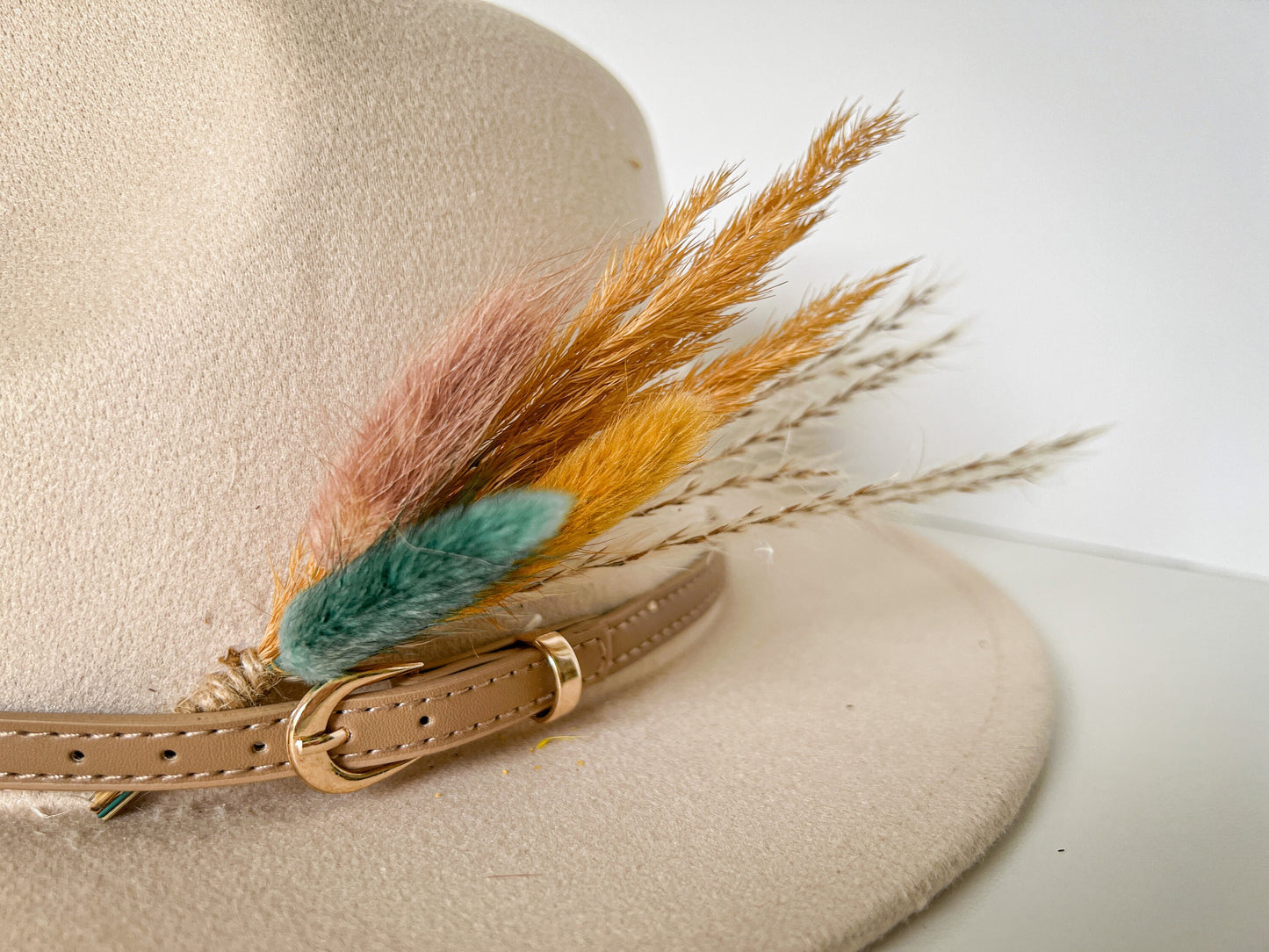 Hat feathers, feathers for hat, dried flowers and feather accent, feathers for fedora, cowboy hat, or floppy hat - BOHO TEAL & GOLD