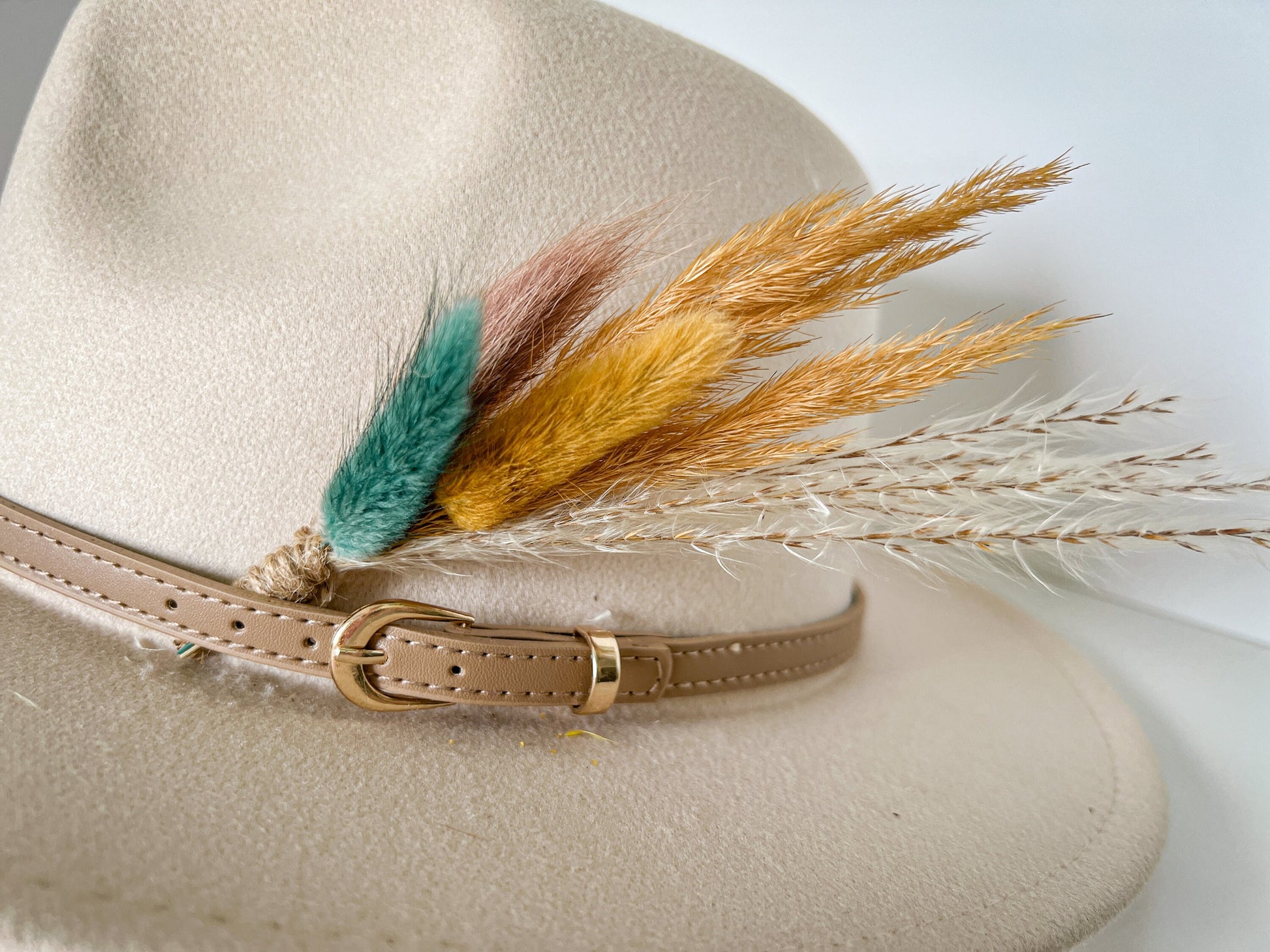 Hat feathers, feathers for hat, dried flowers and feather accent, feathers for fedora, cowboy hat, or floppy hat - BOHO TEAL & GOLD